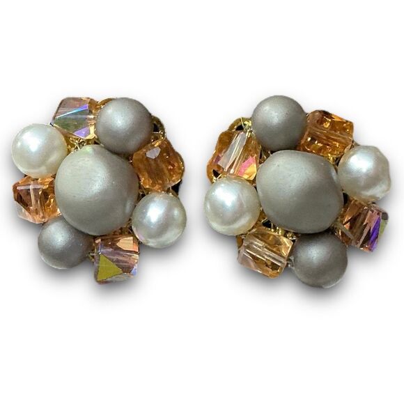 Vintage Classy Gold Toned Brown Garnet Burnt Orange Beaded Grey & Pearl Crystal - Picture 6 of 9